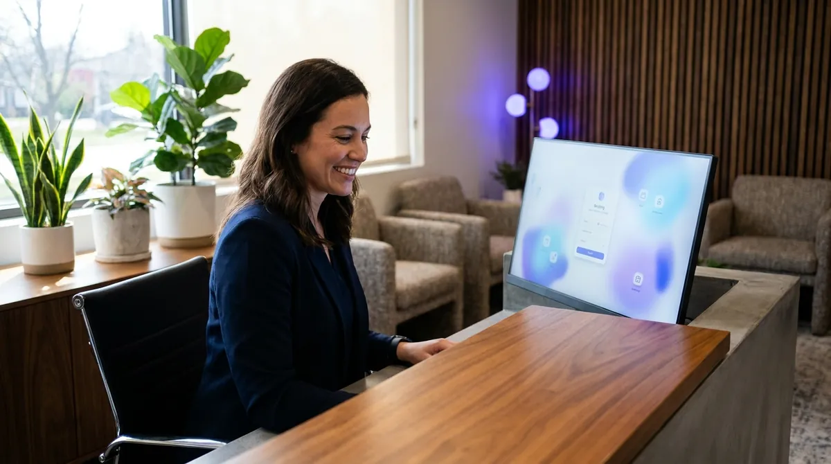Dental clinic front-desk staff viewing an automated booking confirmation