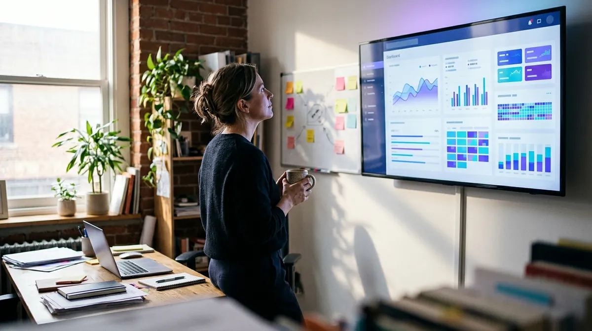 Agency owner reviewing a dashboard of sales, leads and campaign results on a wall screen
