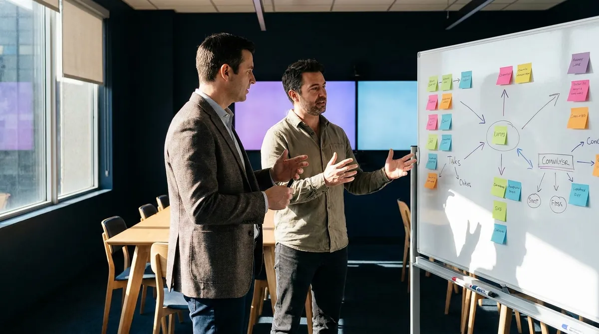Consultant and business owner mapping a workflow on a whiteboard