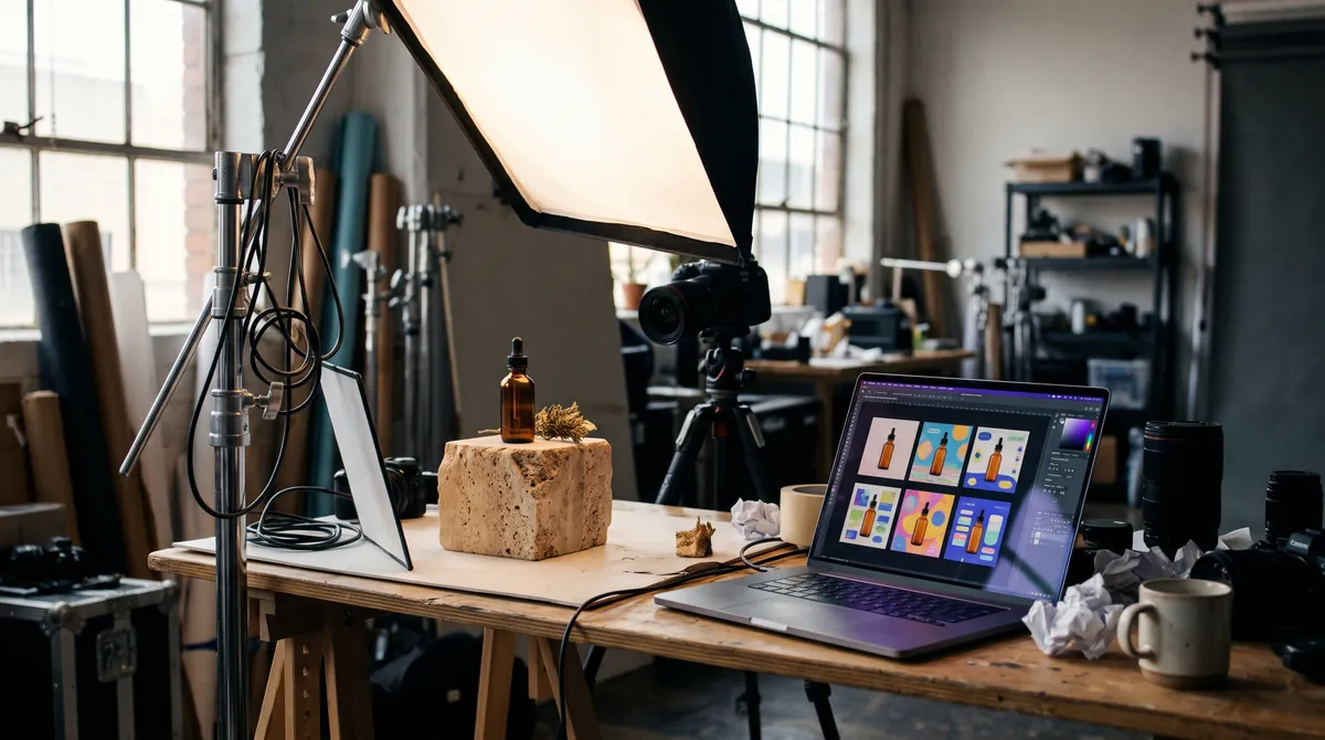Product photo setup with a skincare bottle and a laptop showing creative ad variations