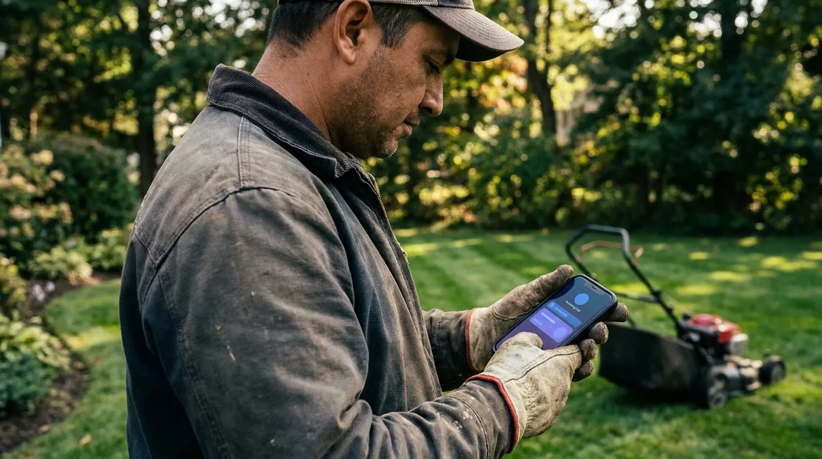 Landscaping business owner on a job site seeing a call handled and booked on his phone