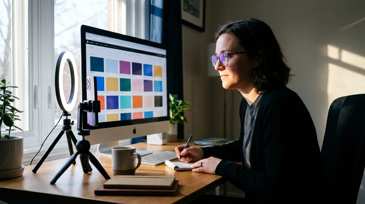 Content creator planning a monthly social media calendar on a large monitor