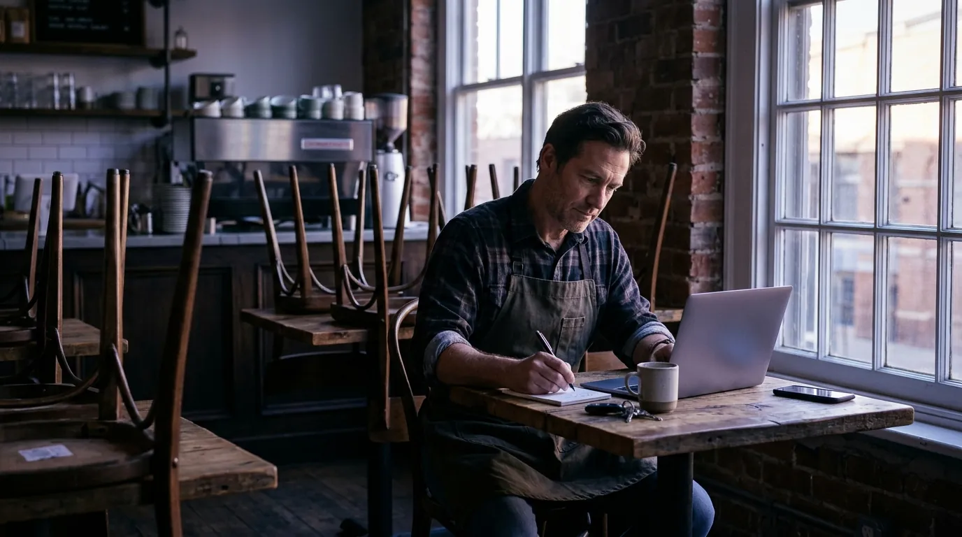 Cafe owner writing a list of daily tasks next to his laptop before opening