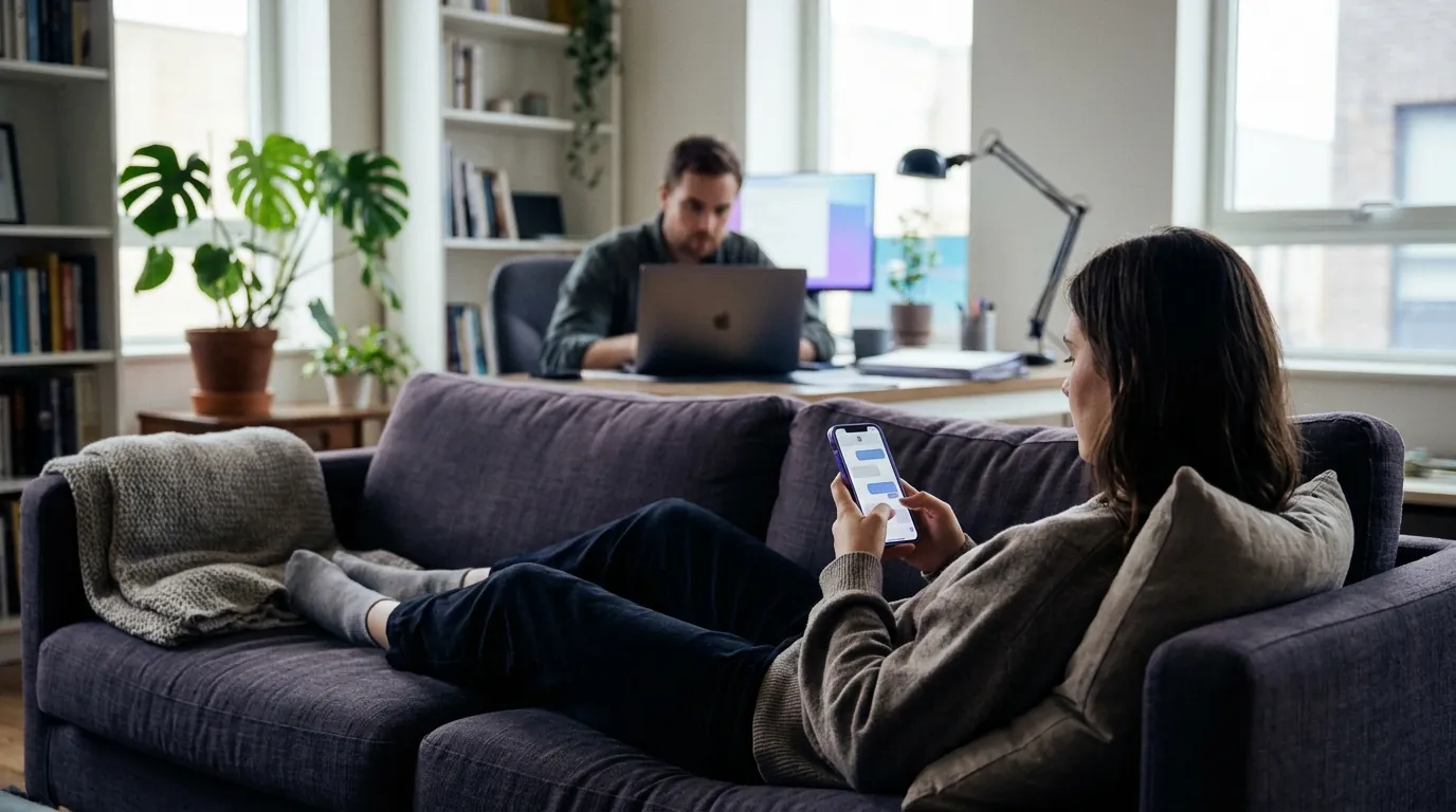 Customer chatting with a website assistant on her phone while a support staff member picks up the conversation