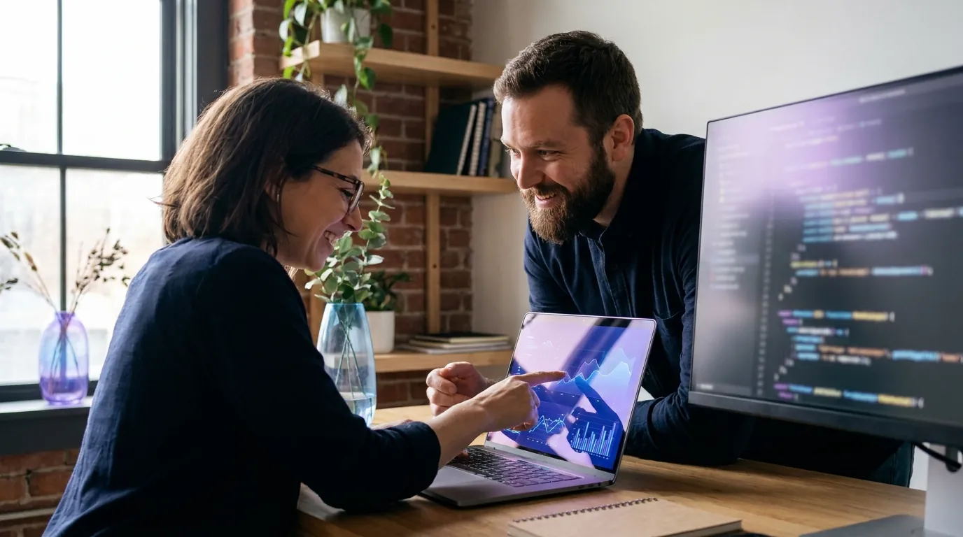 Web developer and shop owner reviewing event tracking charts together on a laptop