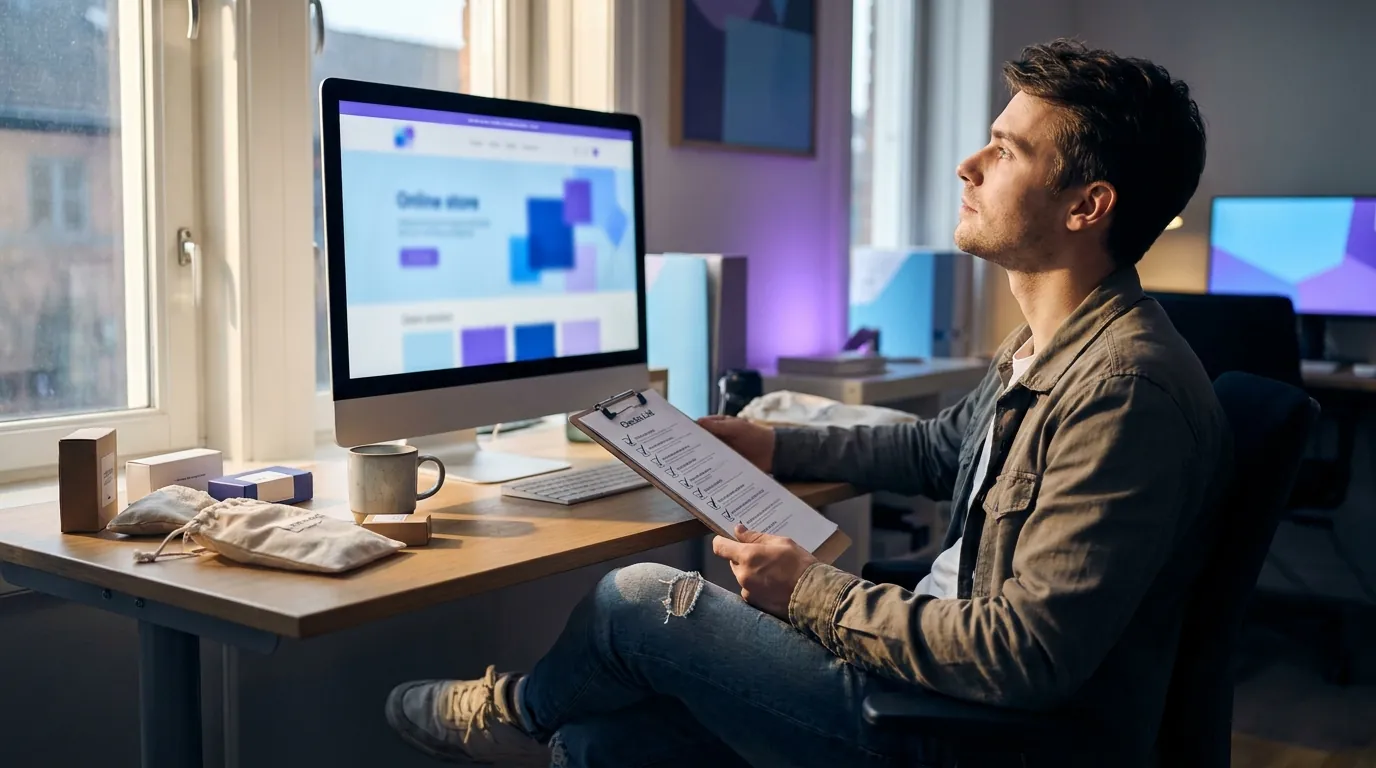 Online store founder reviewing his product page on a monitor while holding a printed checklist