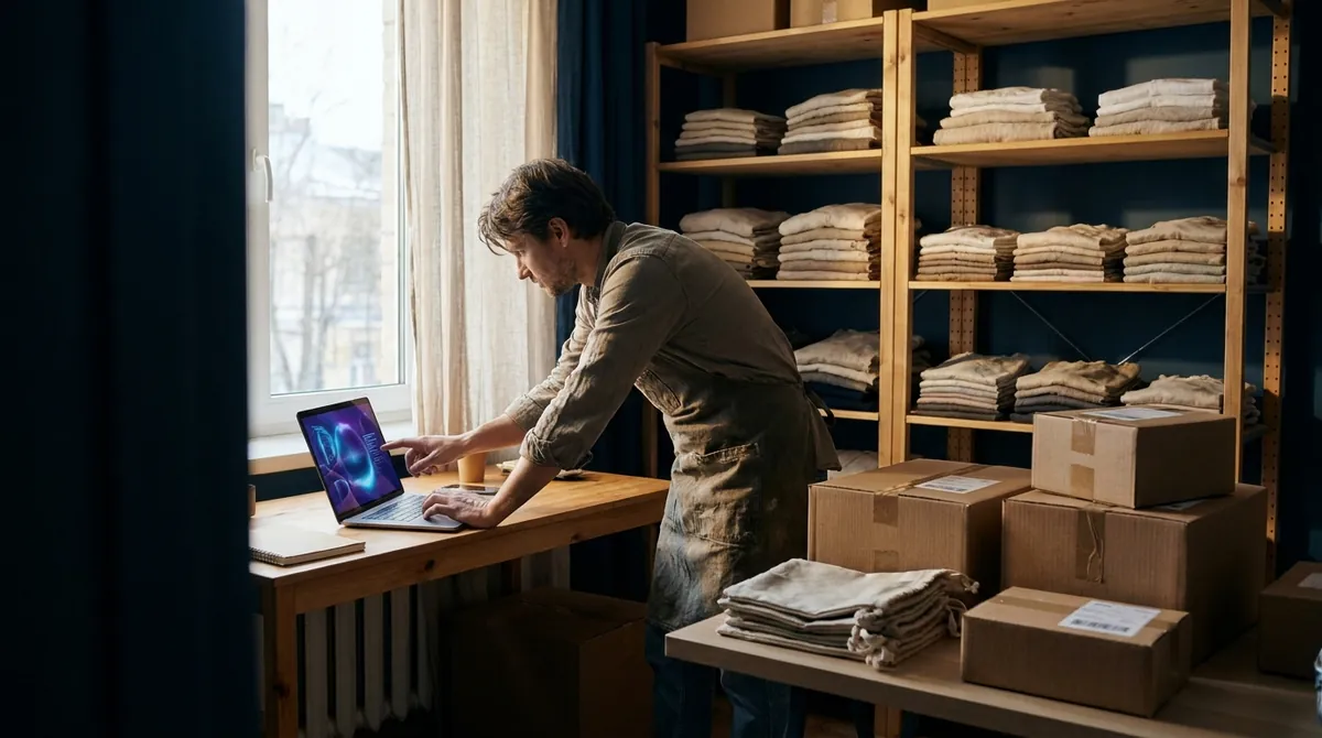 Fashion brand owner checking online sales next to packed orders ready to ship