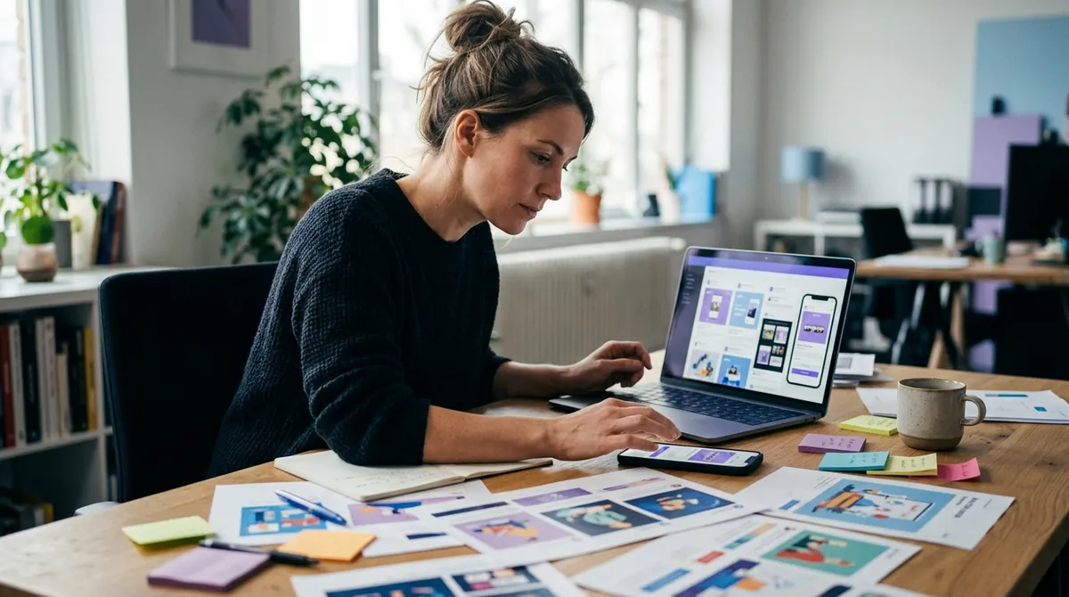 Marketer reviewing Facebook and Instagram ad creatives on a laptop and phone with printed mockups