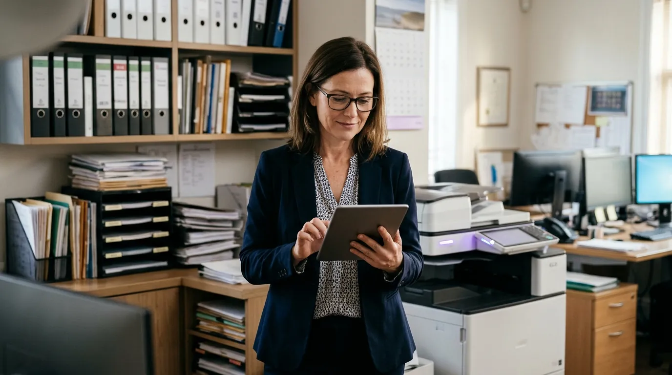 Office manager at a small accounting firm approving an automated task on a tablet