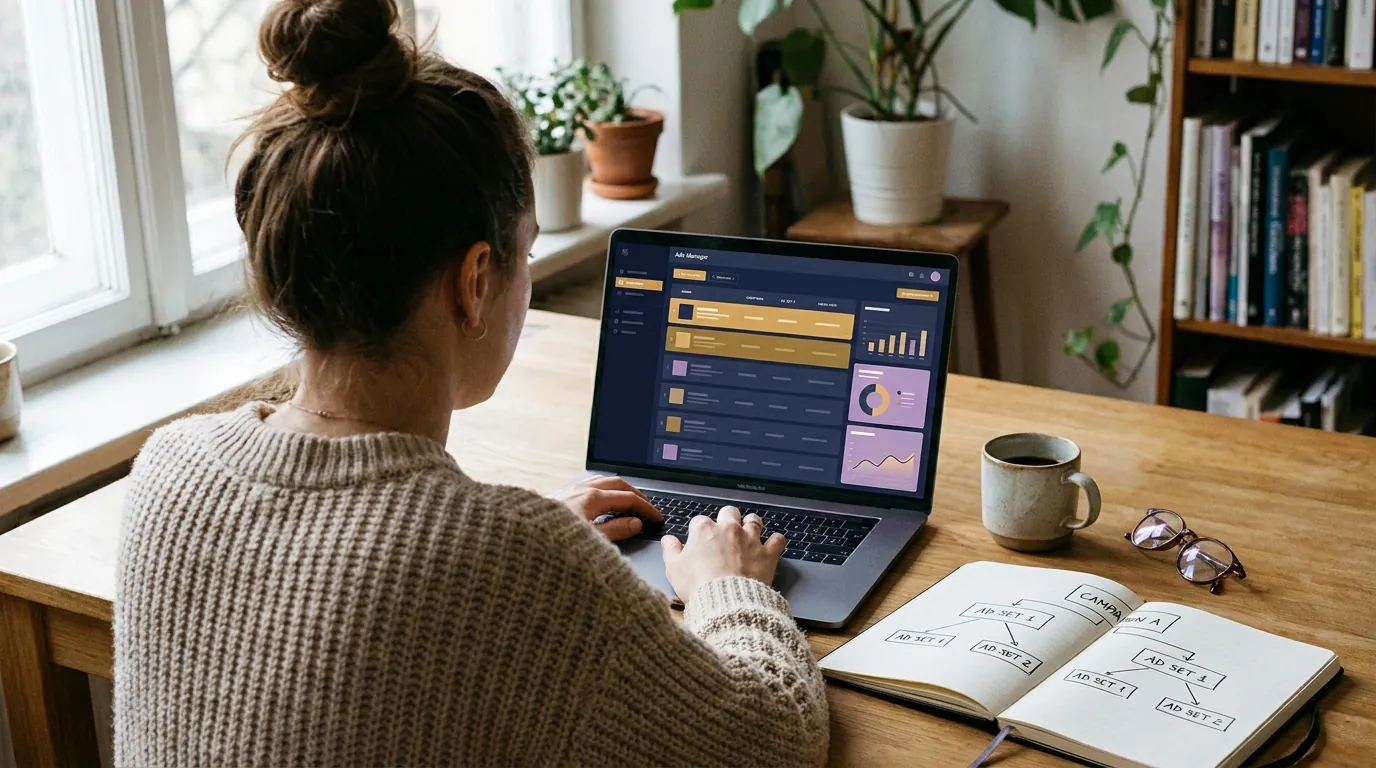 Woman reviewing an ads manager dashboard with a hand-drawn campaign structure in her notebook