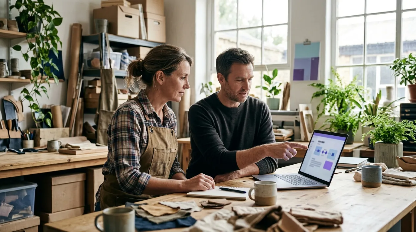Small business owner and a consultant reviewing a simple plan together on a laptop