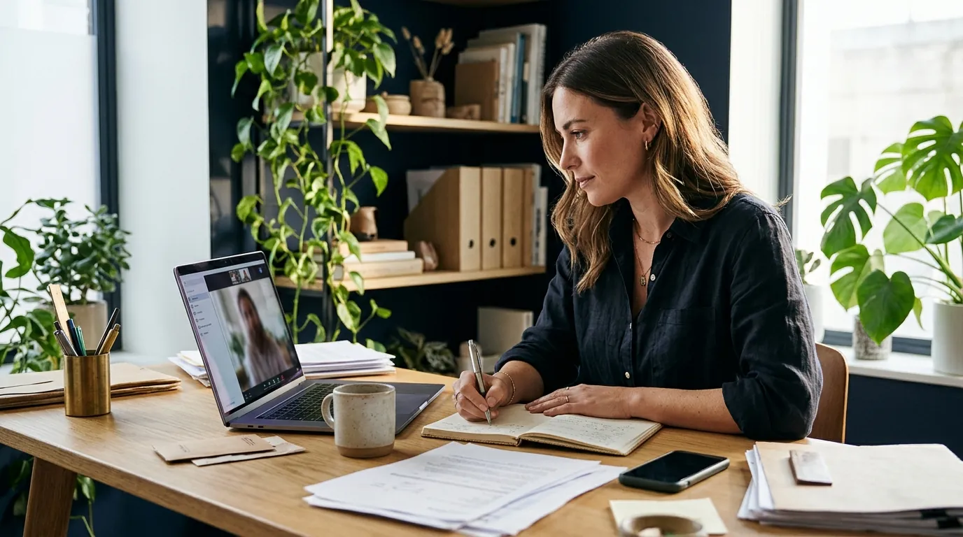 Small business owner taking notes during a video call with a consultant
